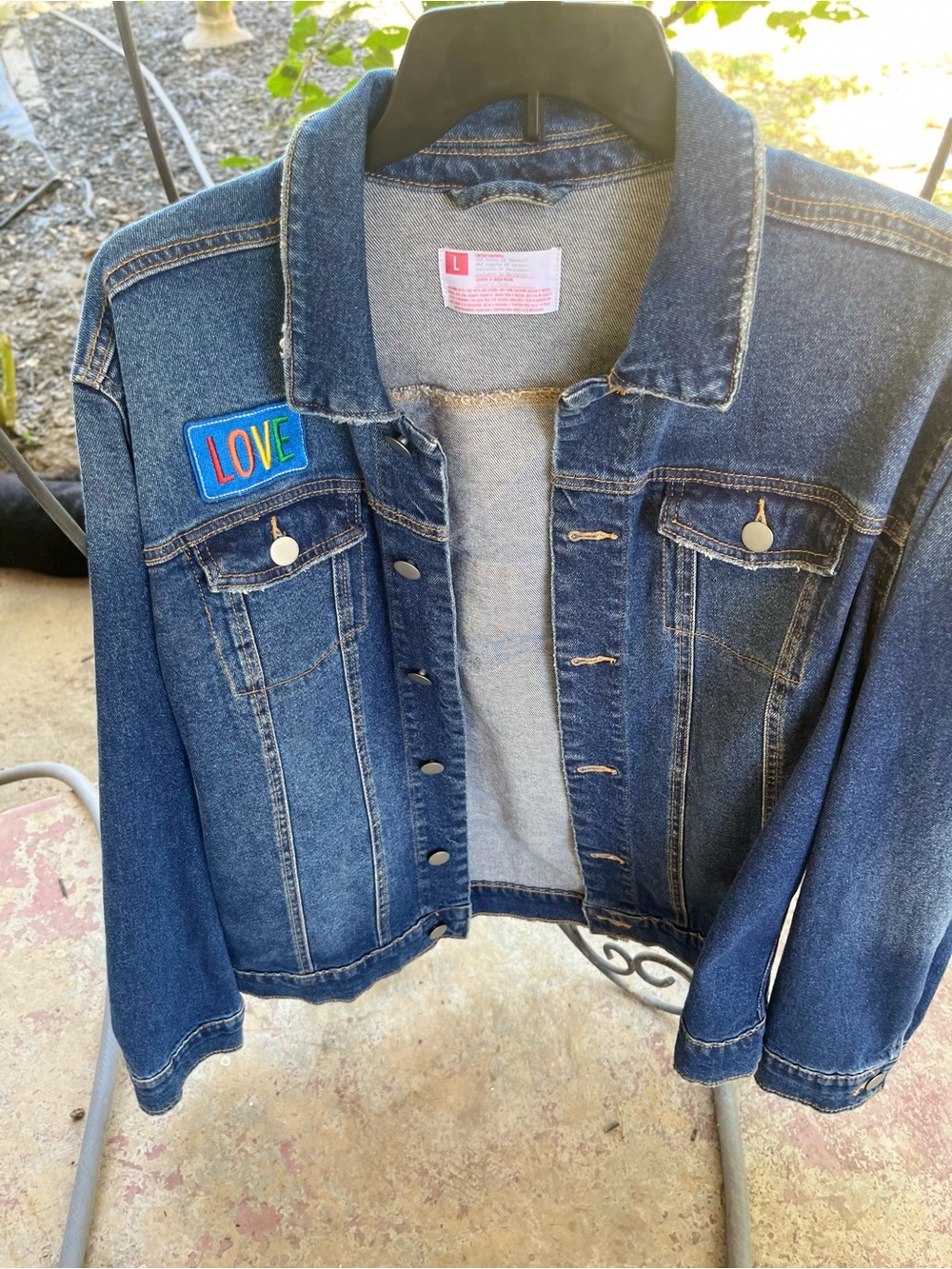 Classic Dark Blue Denim Jacket with 'LOVE' Patch